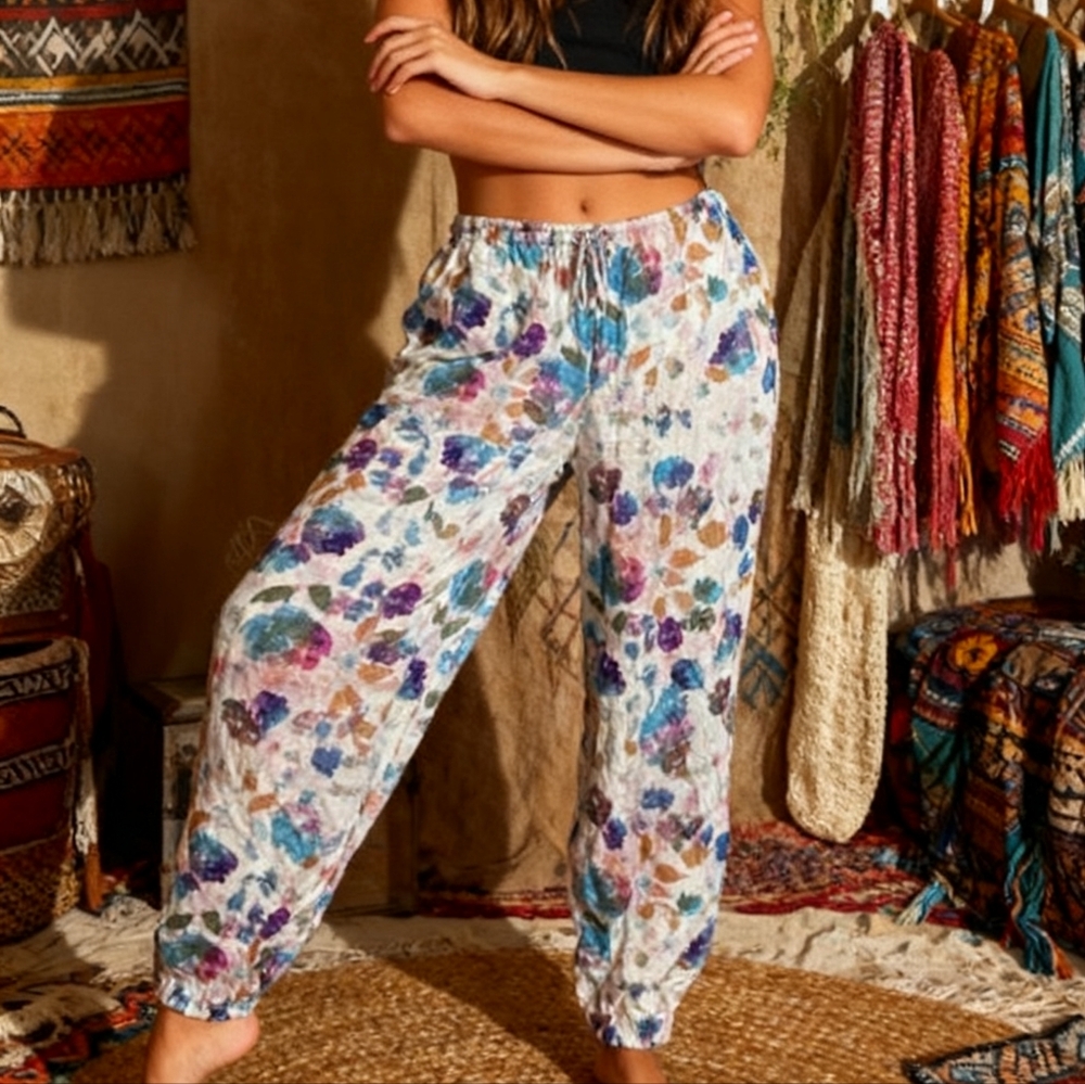 Anthropologie Floral Print White Lounge Pants with Blue & Purple Accents